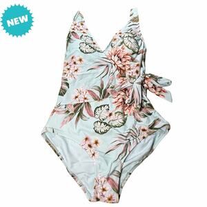 Kona Sol Swimsuit Women's Small One Piece Wrap Tie Blue Floral High Coverage